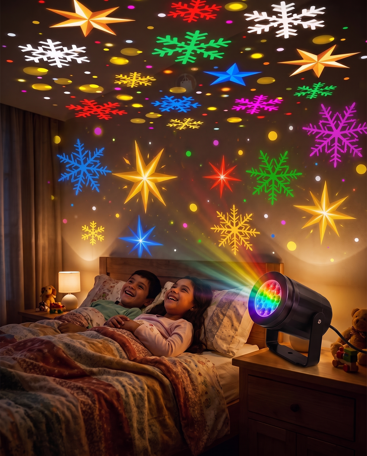 Niños en la cama mirando el techo lleno de estrellas y copos de colores